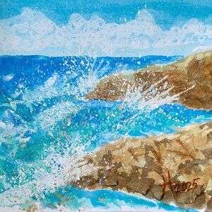 Beach Splash Original Seascape Watercolor Painting Matted Frame Ready 8x10in Mat